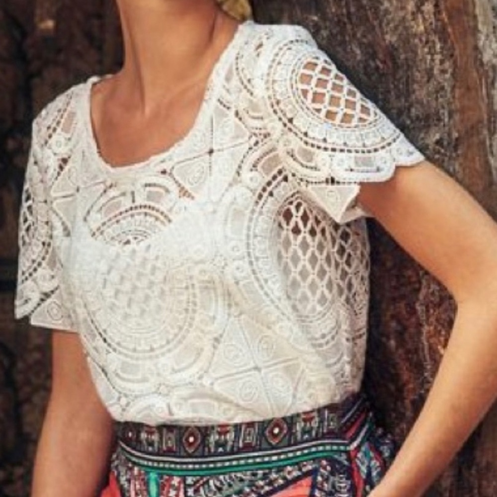 Anthropologie | Blue Tassel Geometric Lace Top | L